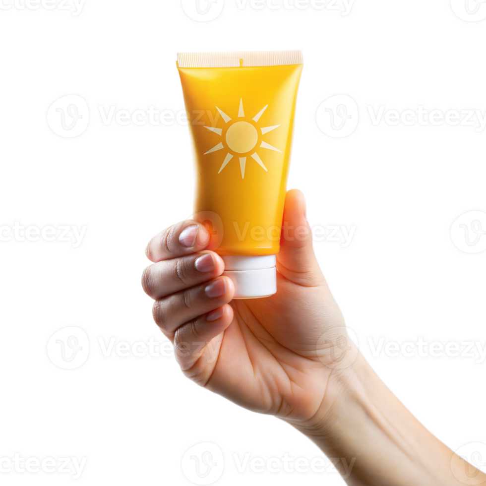 A hand holding a bottle of sunscreen with a sun on it png