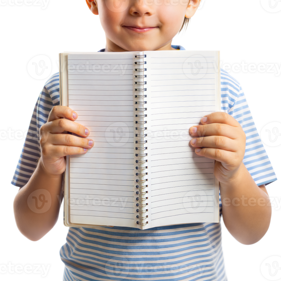 A young boy is holding a spiral bound notebook open to a blank page png