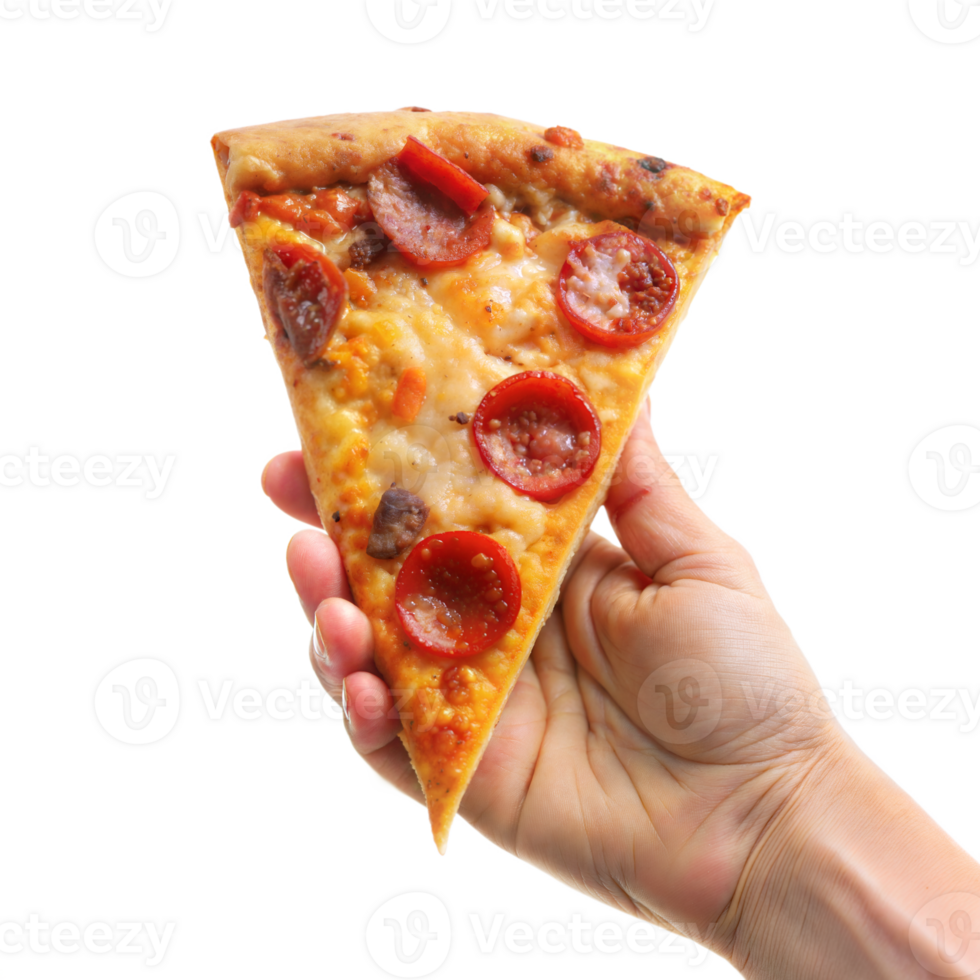 A hand holding a slice of pepperoni pizza png