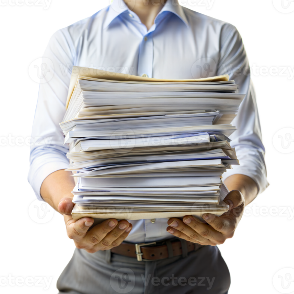 A man is holding a stack of papers in his hands png
