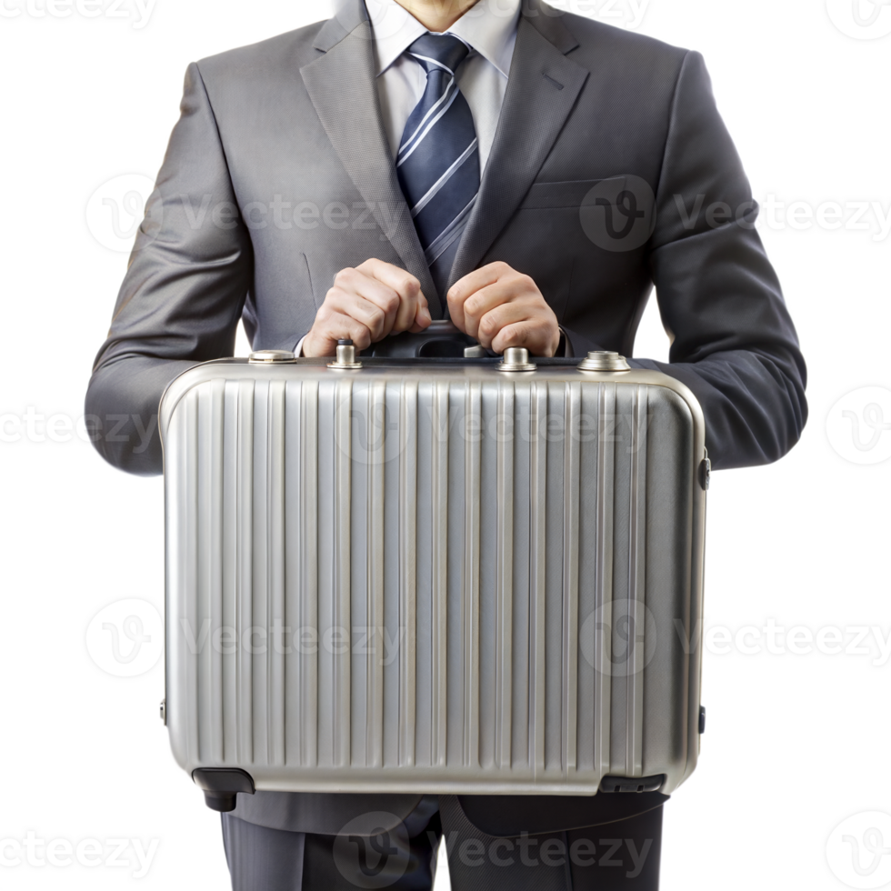 A man in a suit holding a silver suitcase png