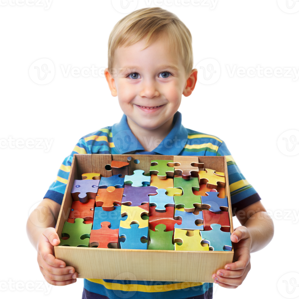 A young boy is holding a box of jigsaw puzzle pieces png