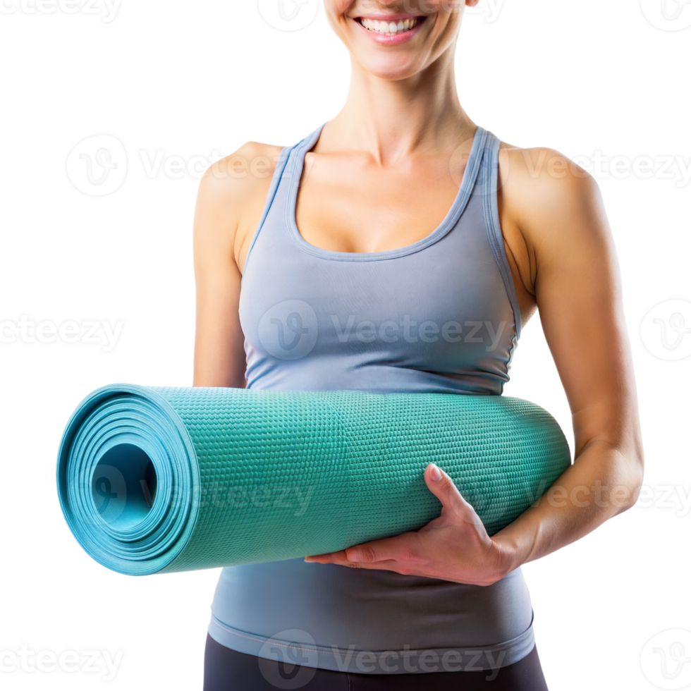 A woman is holding a yoga mat in her hands png