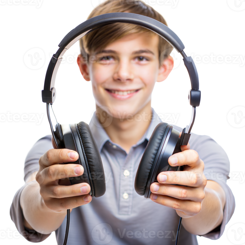 A young boy is holding a pair of headphones and smiling png