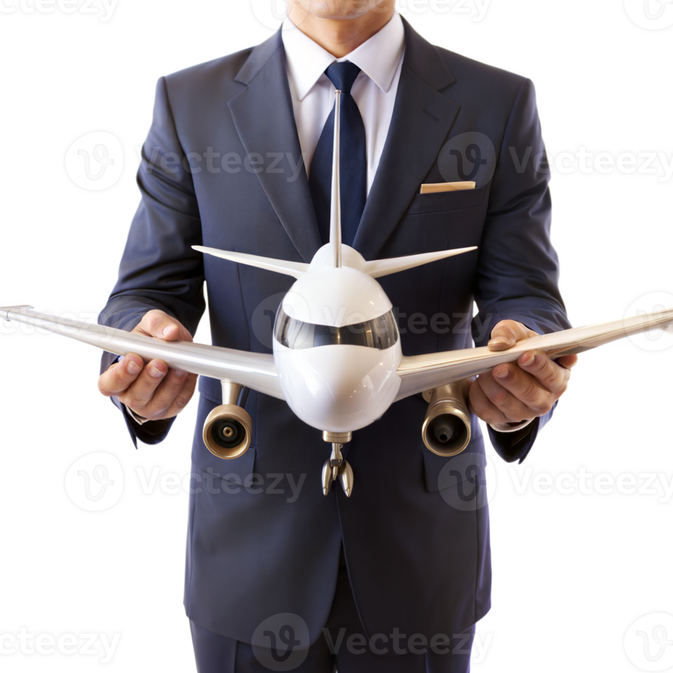 A man in a suit holding a model airplane png