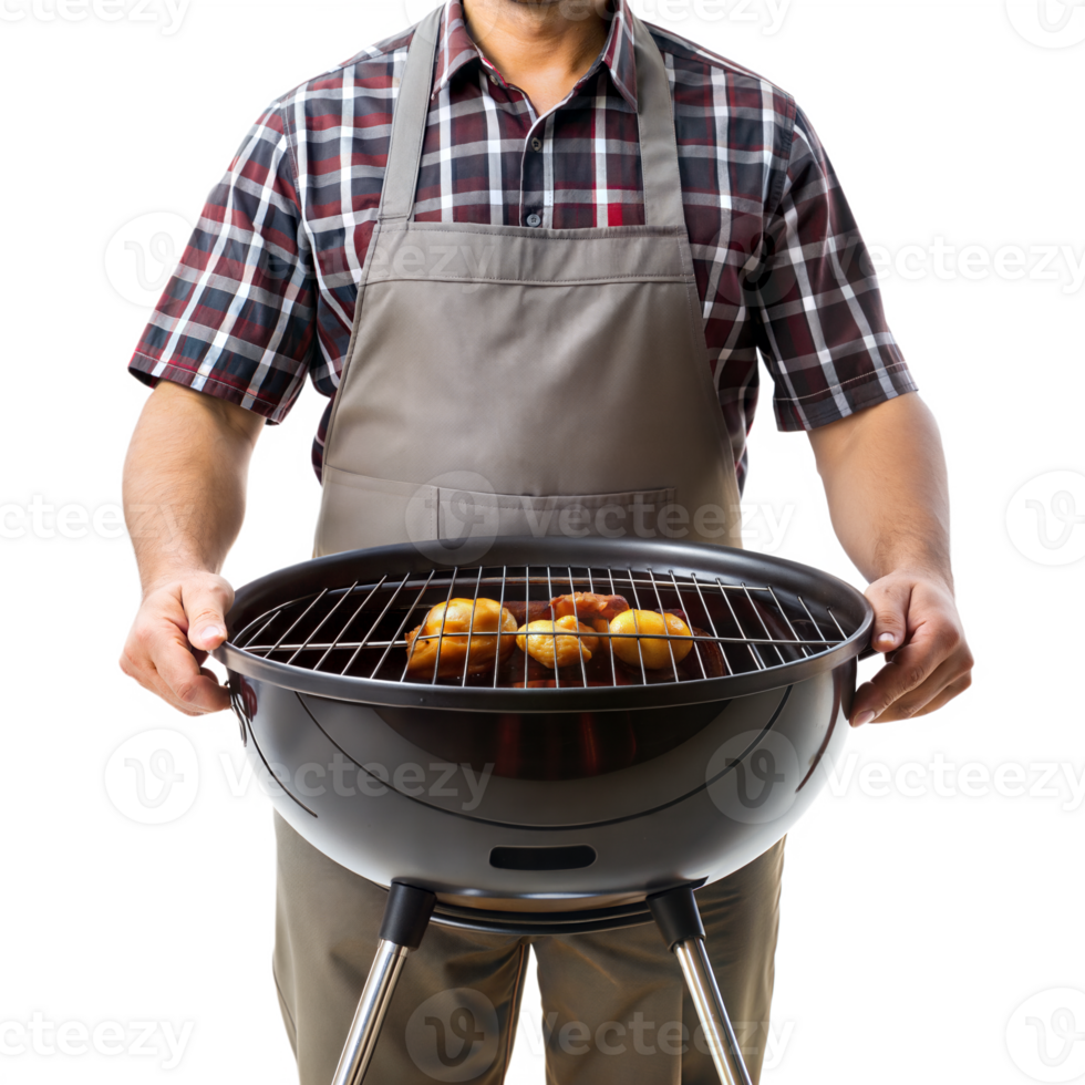 A man is holding a grill with a spatula and apron on png