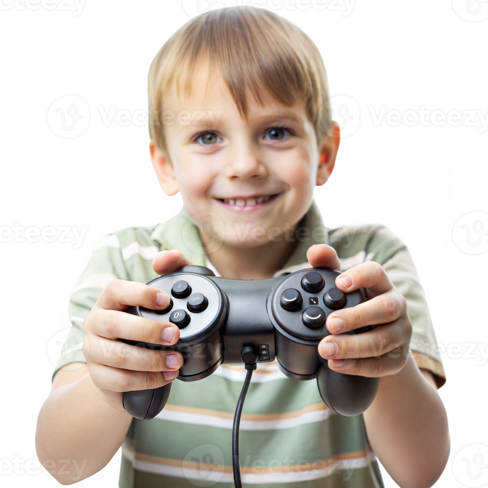 A young boy is holding a game controller and smiling png