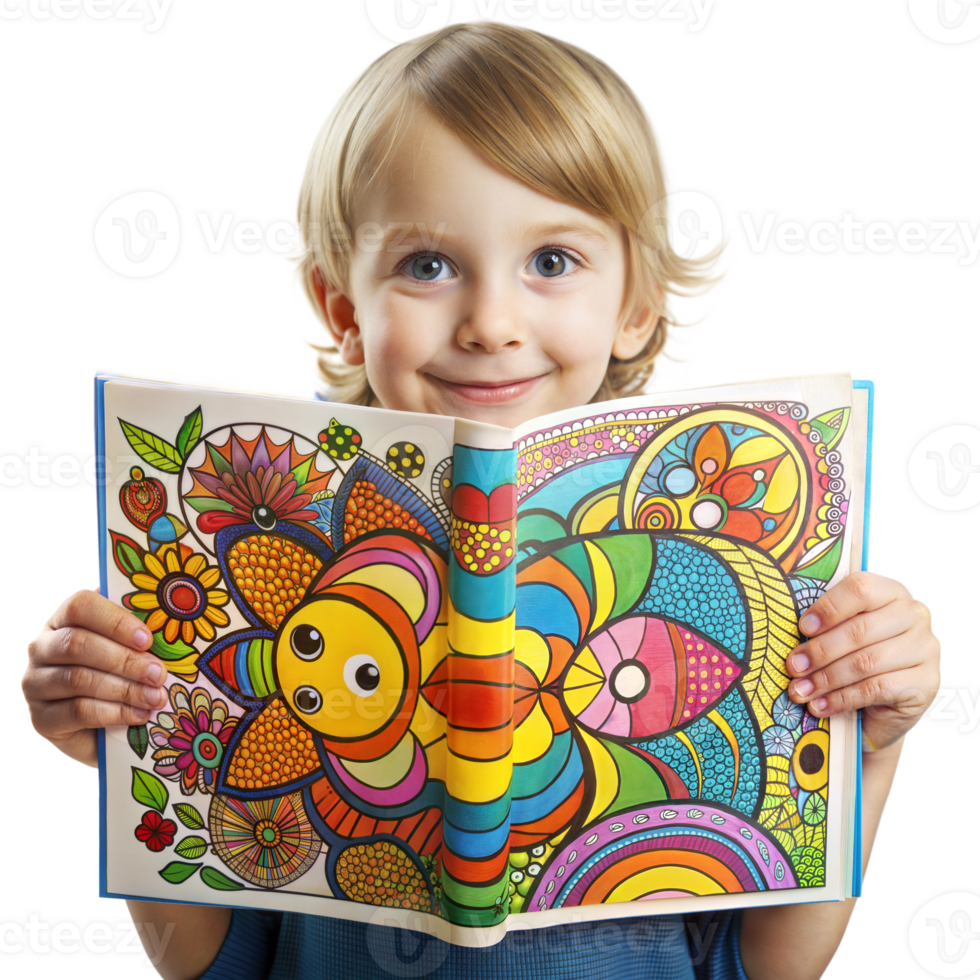 A young boy is holding a colorful book with a flowery cover png