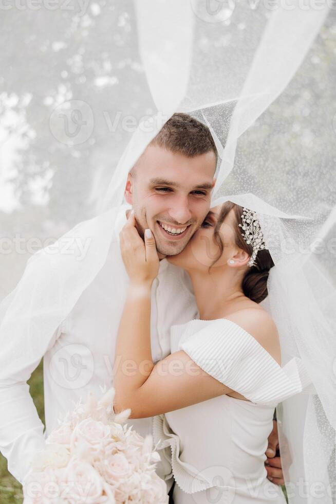A bride and groom are kissing under a white veil photo
