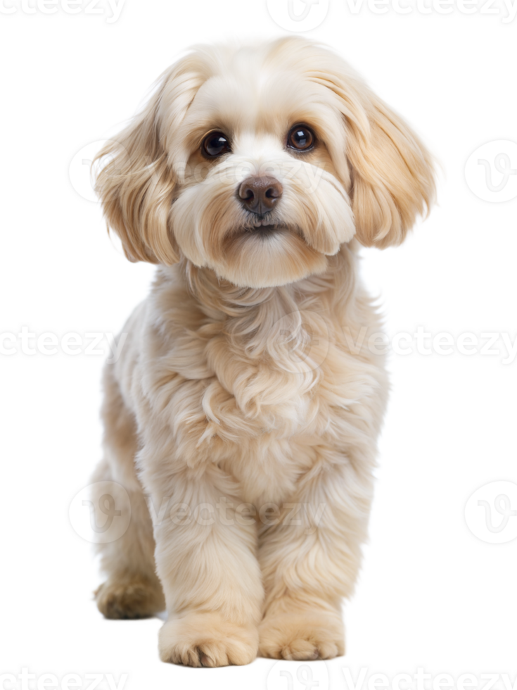 A small dog with a fluffy coat is sitting on a transparent background png