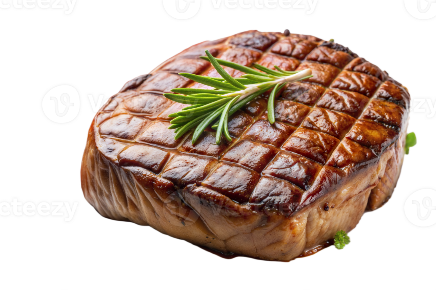 A piece of meat with a rosemary sprig on top png