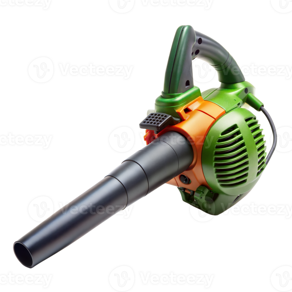 A close-up image of an electric leaf blower with a green and orange body and a black nozzle. The blower is isolated against a transparent background png