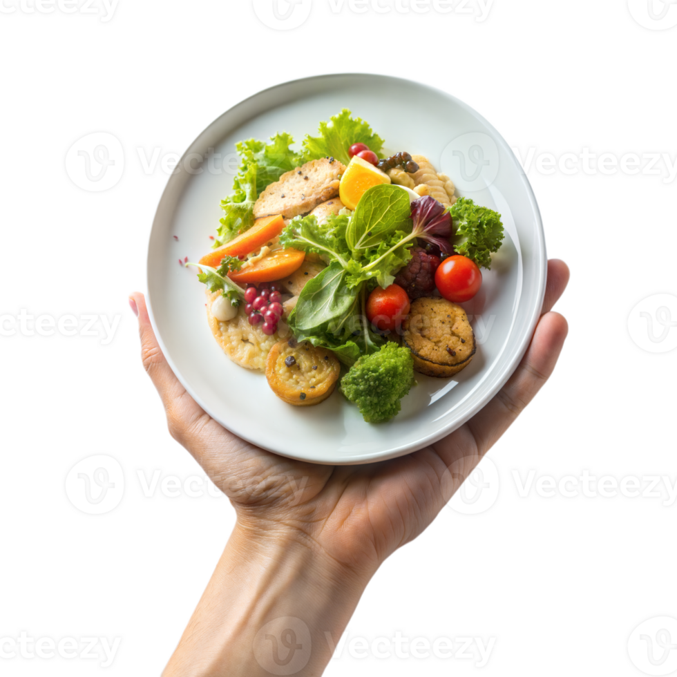 A hand holding a plate of food with a variety of vegetables and fruits png