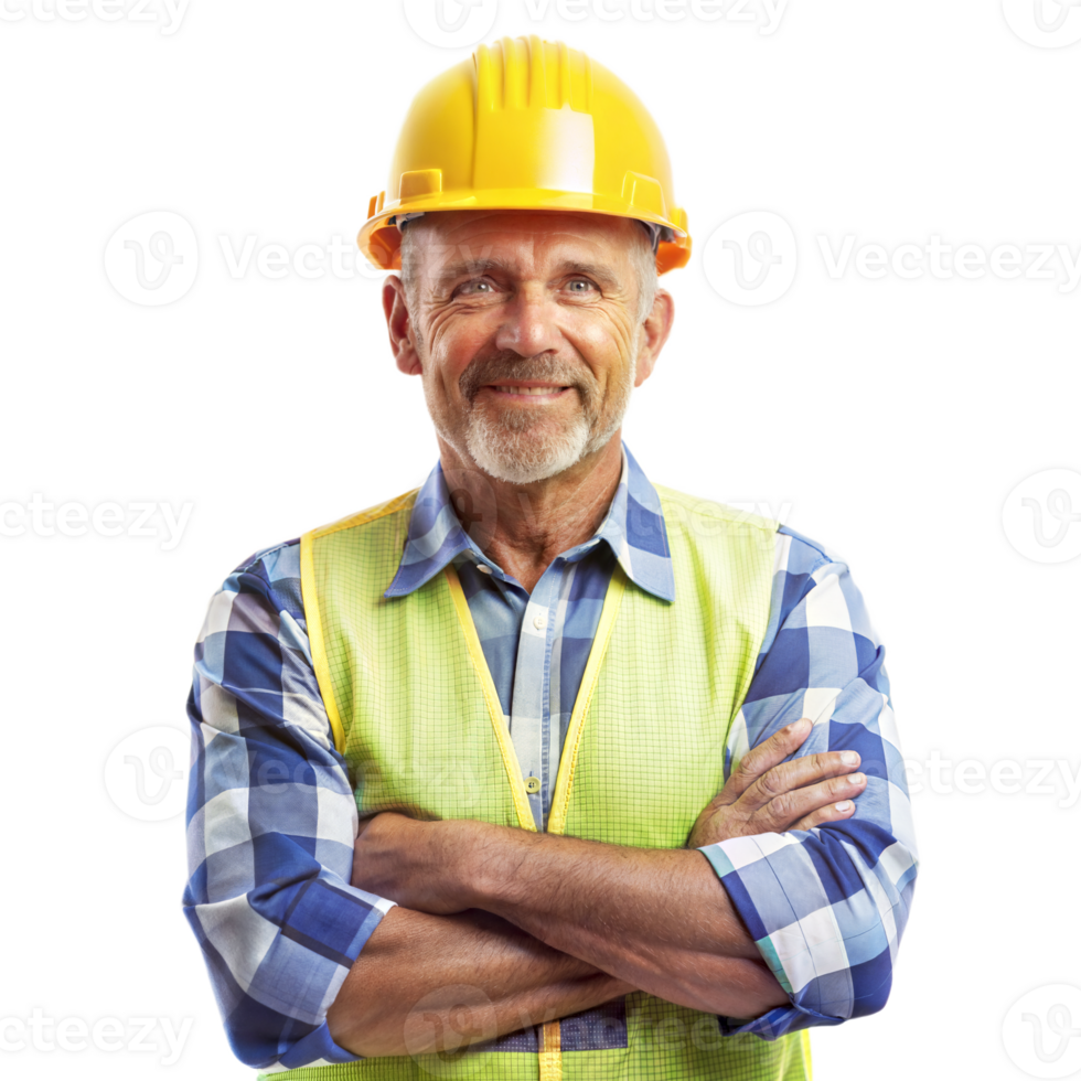 A man wearing a yellow hard hat and a safety vest is smiling for the camera png