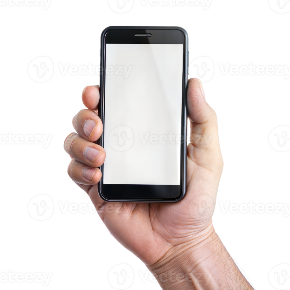 A hand holding a black cell phone with a white screen png