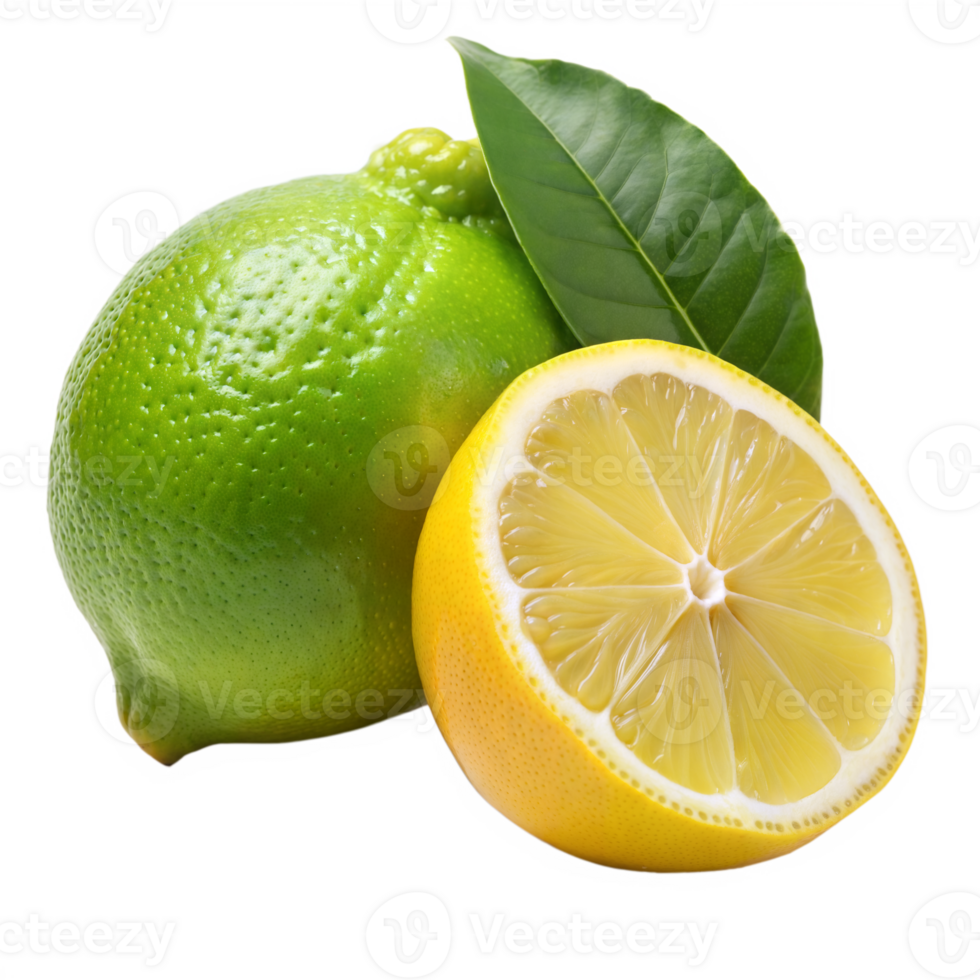A close-up shot of a fresh green lime and a cut yellow lemon with green leaves on a transparent background png