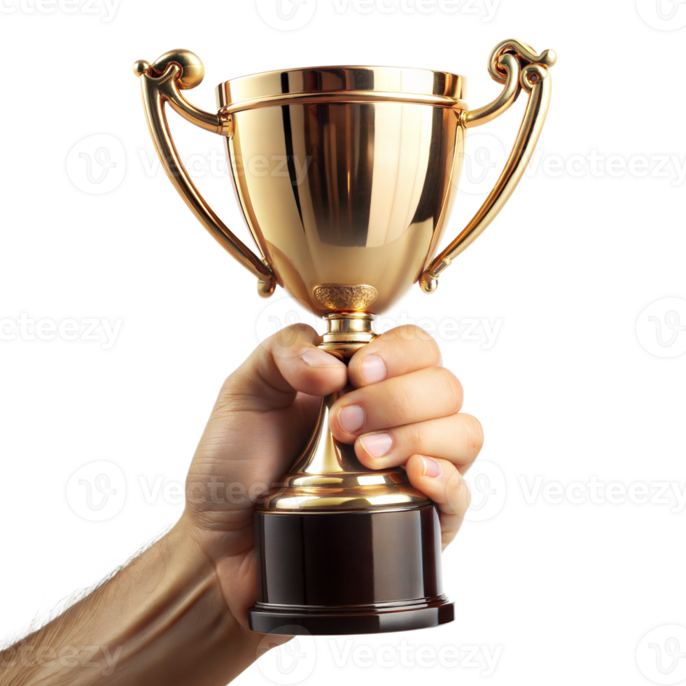 A hand holding a gold cup with a trophy on top png