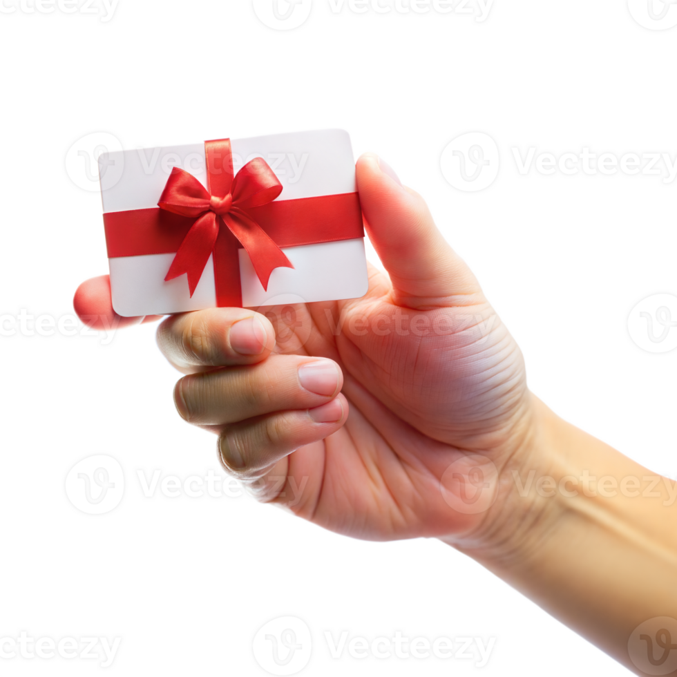 A hand holding a white card with a red bow on it png