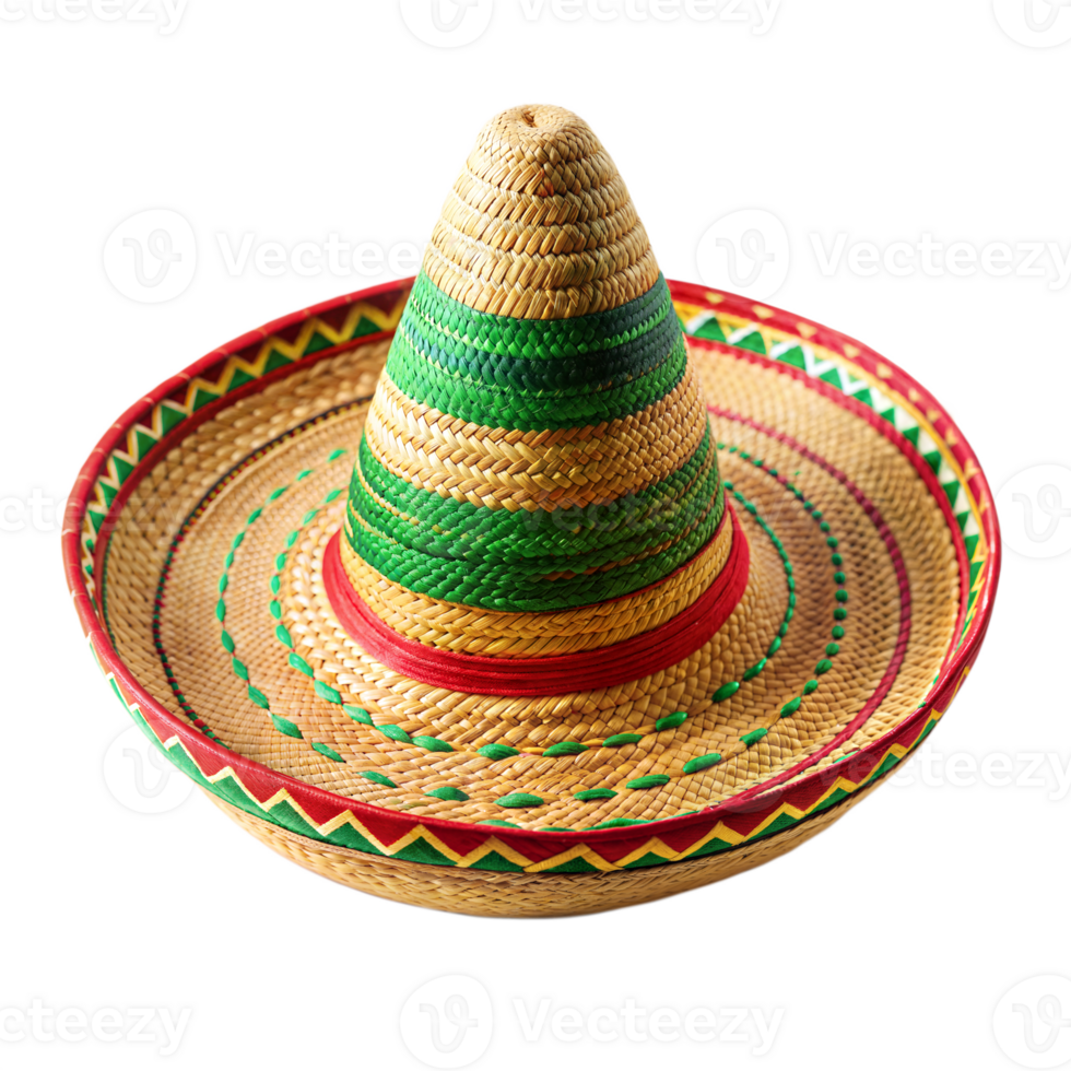 A traditional Mexican sombrero hat with green and red stripes, woven from straw png