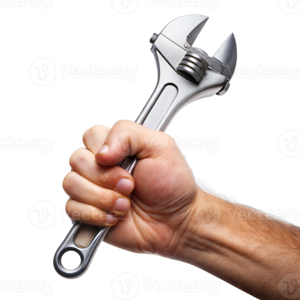 A hand holding a wrench with a transparent background png