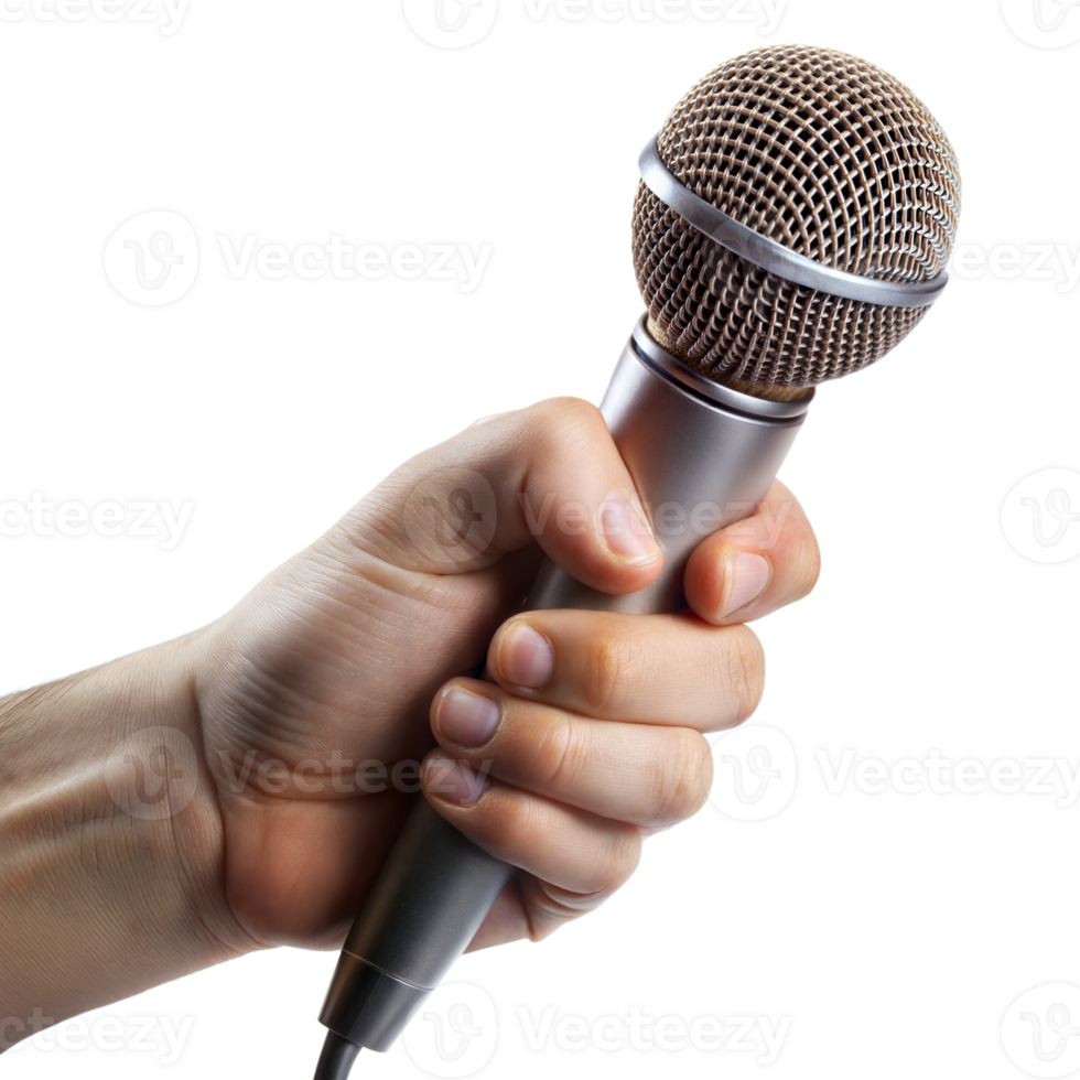 A hand holding a microphone with a transparent background png