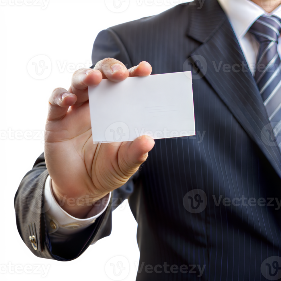 A man is holding a white business card in his hand png