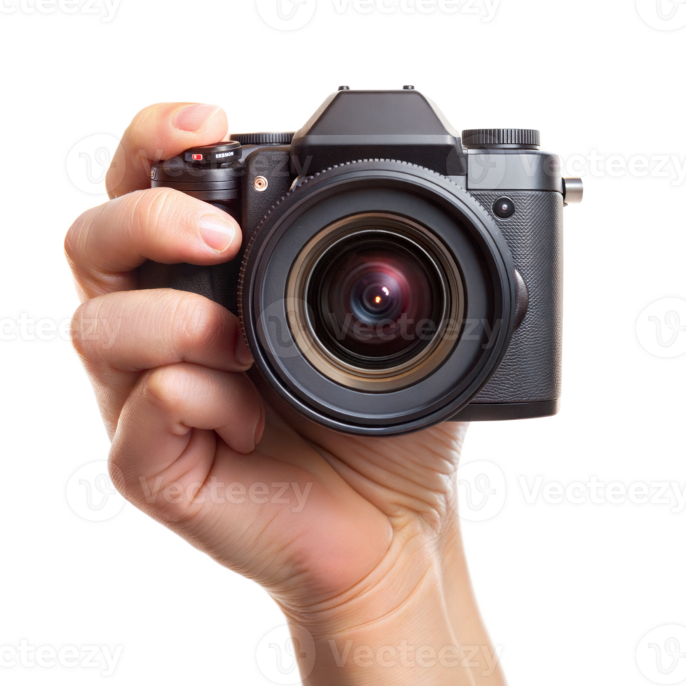 A person is holding a camera with a black lens png