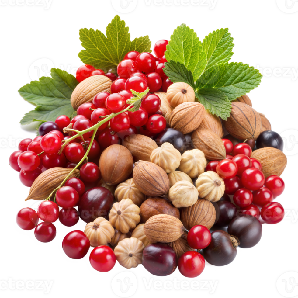 A bunch of nuts and berries are piled on top of each other png