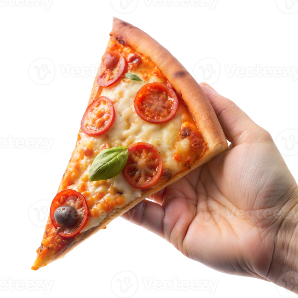 A hand holding a slice of pizza with tomatoes and basil on top png