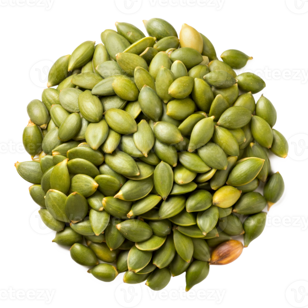 A close-up photo of shelled green pumpkin seeds arranged on a transparent surface png