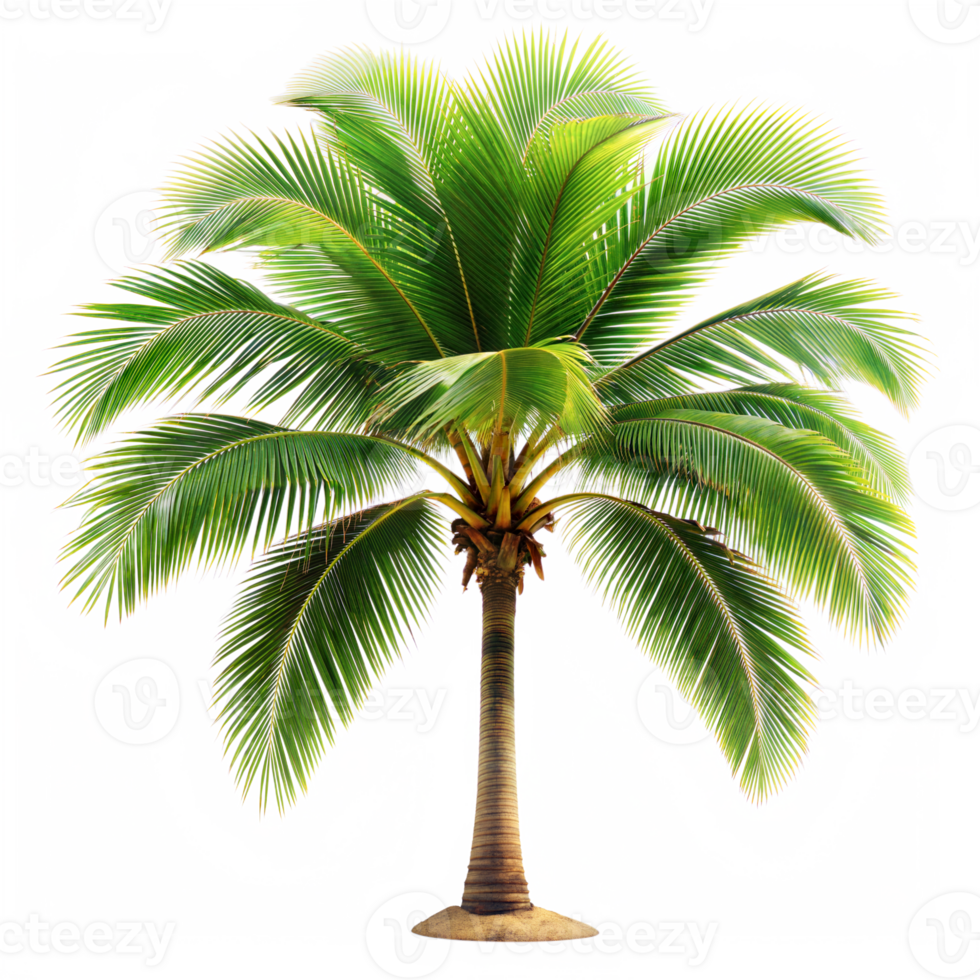 A single palm tree with green leaves and a brown trunk is isolated on a transparent background png