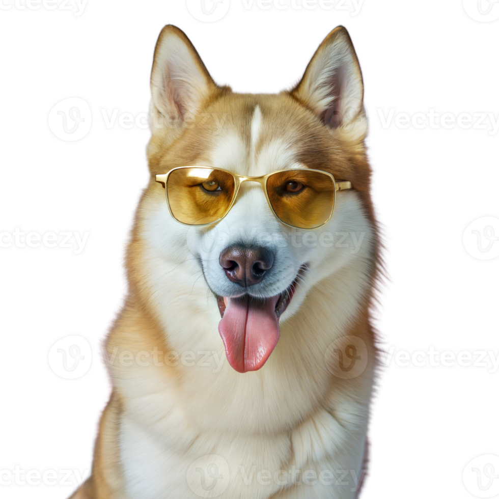 A close-up portrait of a husky dog wearing yellow sunglasses and sticking its tongue out png
