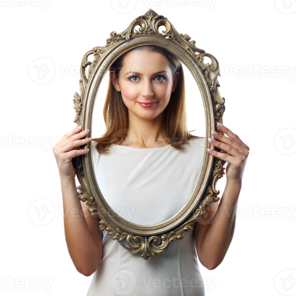 A woman is holding a gold framed oval mirror png