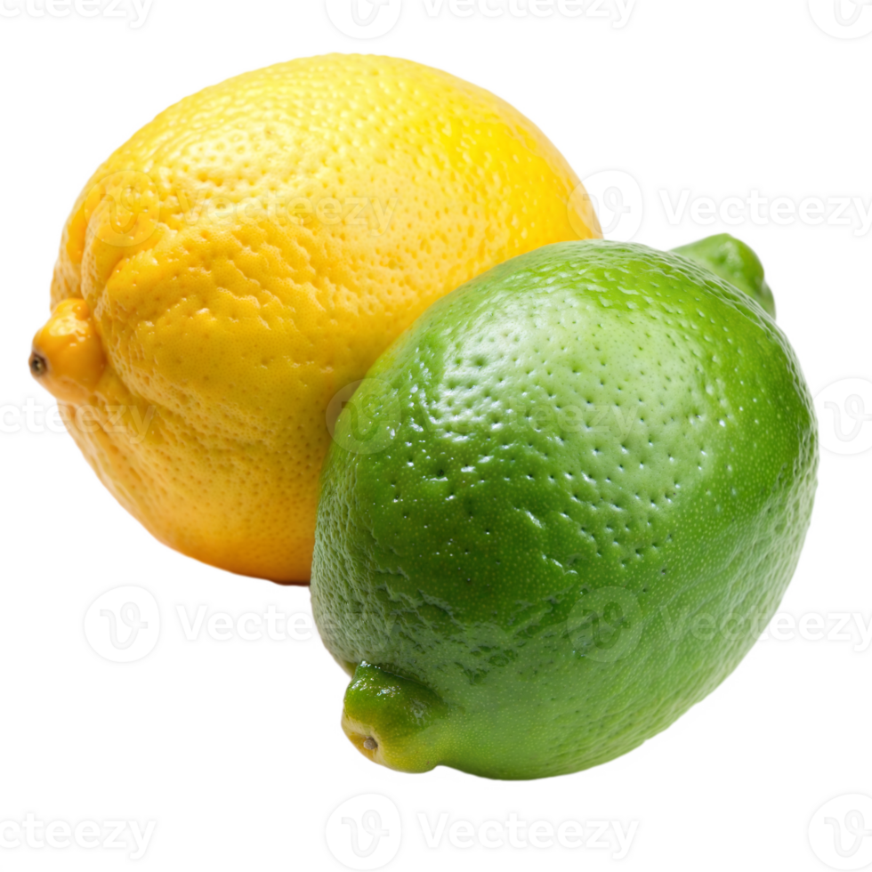 A bright yellow lemon and a vibrant green lime rest side-by-side on a transparent surface, showcasing their contrasting colors and textures png