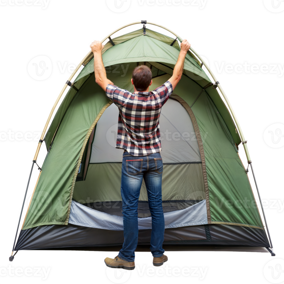 A man is standing outside of a tent, looking up at the top of the tent png
