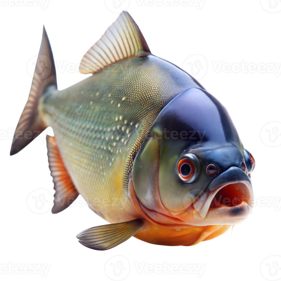 A close-up view of a piranha fish with its mouth open, revealing sharp teeth. The fish is green, yellow, and blue with red eyes png