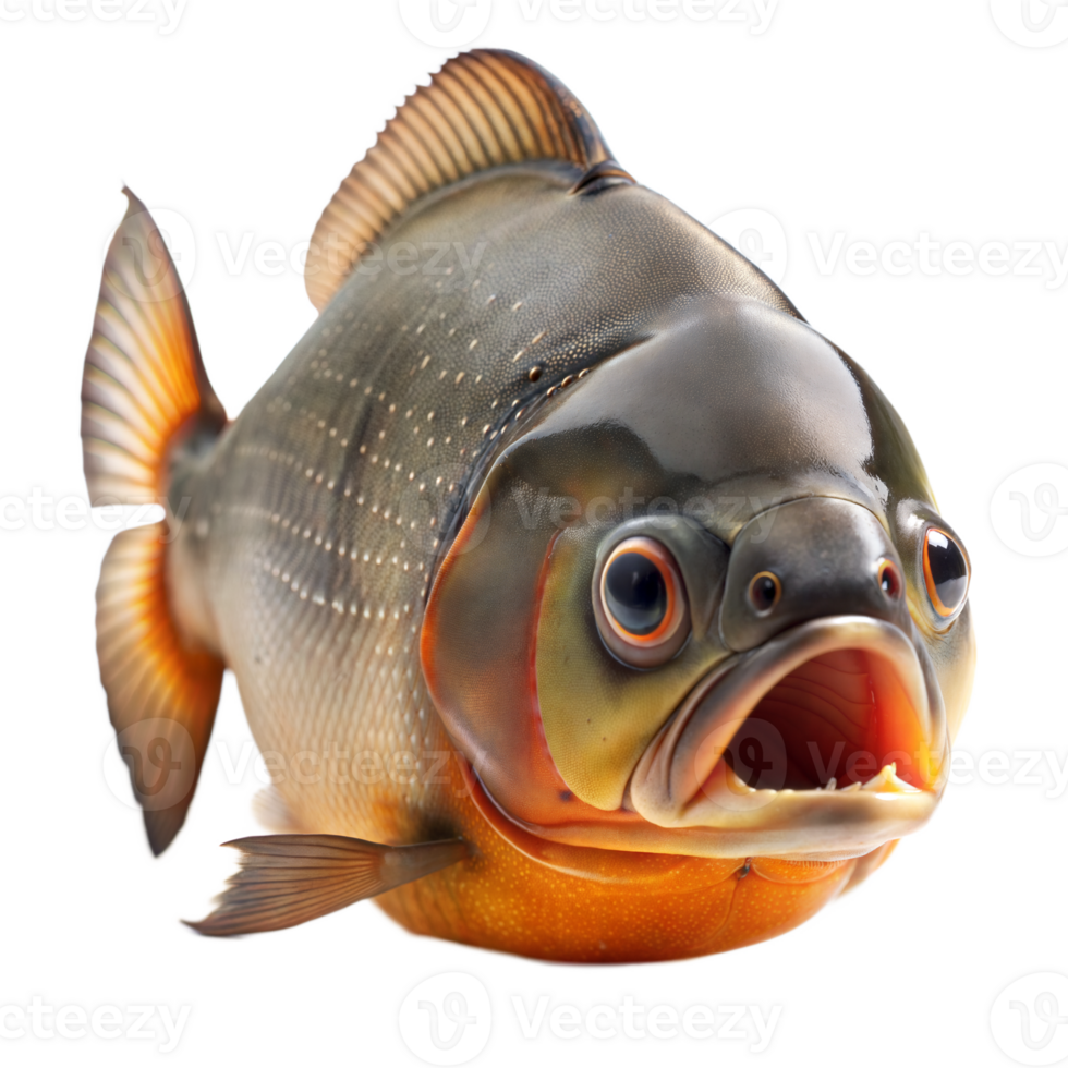 A close-up shot of a piranha fish with its mouth open, revealing sharp teeth. The fish is facing the camera with a menacing expression png