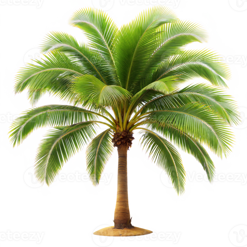 A single palm tree with vibrant green leaves isolated against a transparent background png