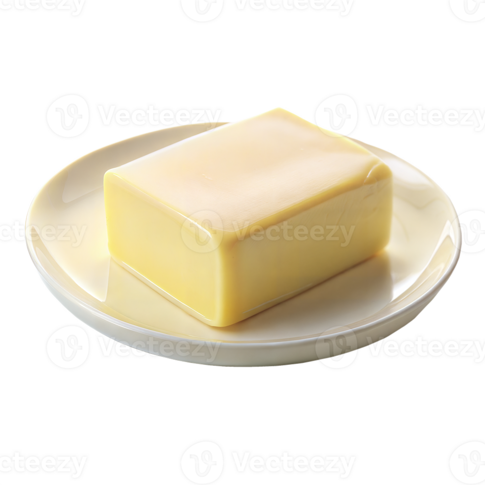 A close-up image of a single stick of unsalted butter sitting on a white plate png