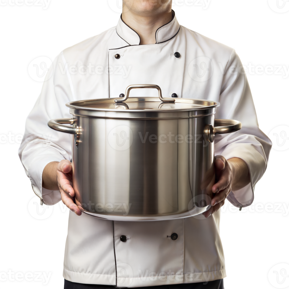 A chef is holding a large pot in his hands png