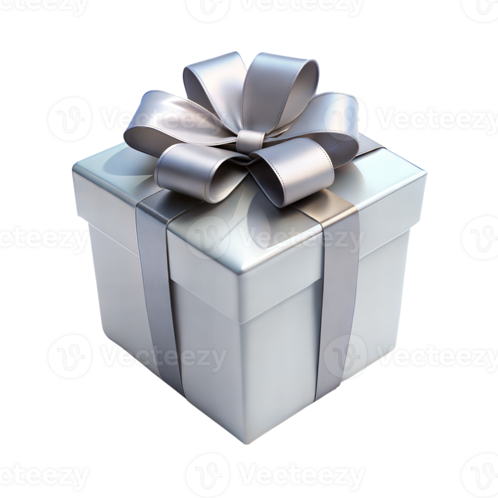 A silver gift box with a silver ribbon bow, isolated on a transparent background. The box is square and has a shiny finish png