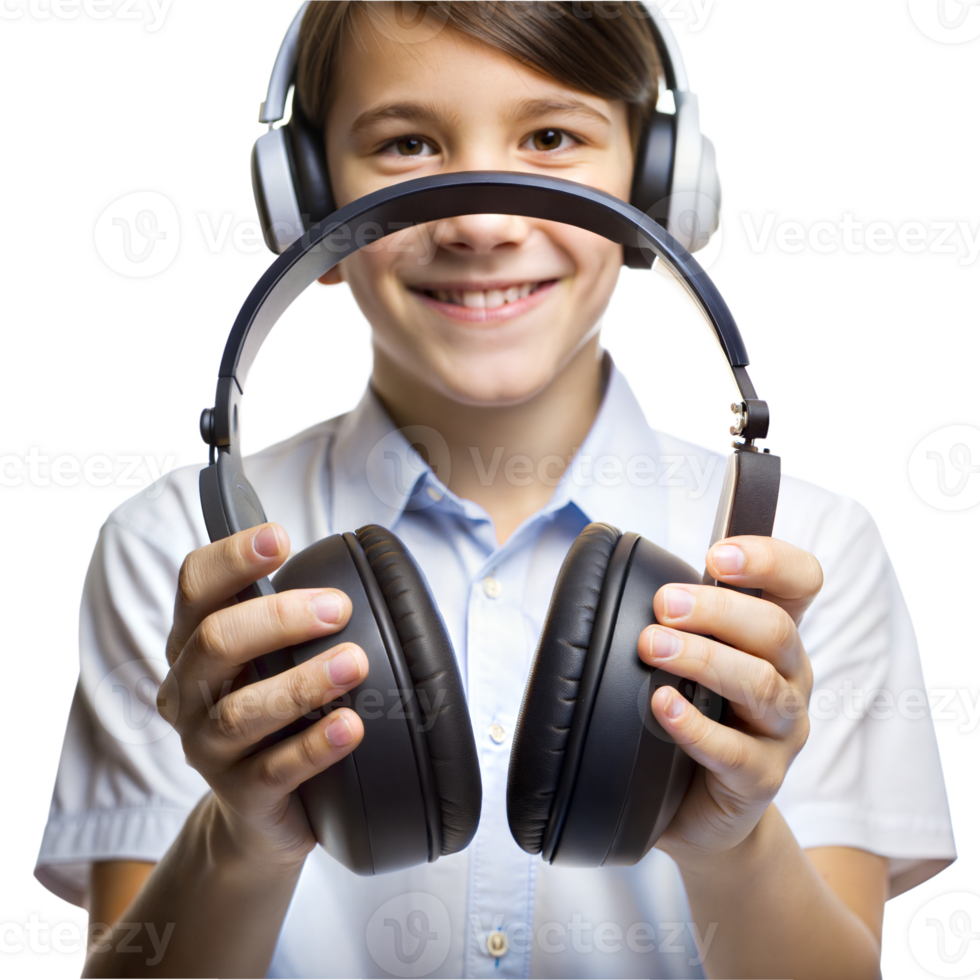 A young boy is holding a pair of headphones and smiling png