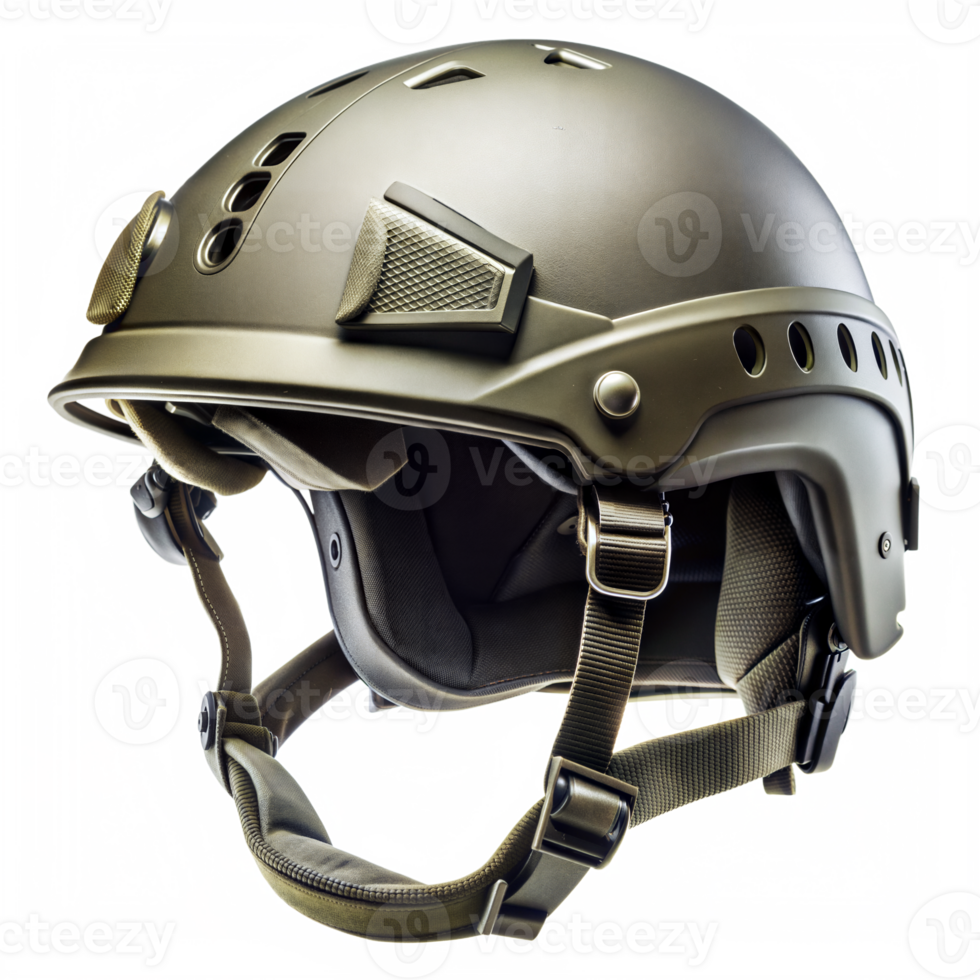 A close up of a military tactical helmet with an adjustable chin strap and a ventilation system, isolated against a transparent background png