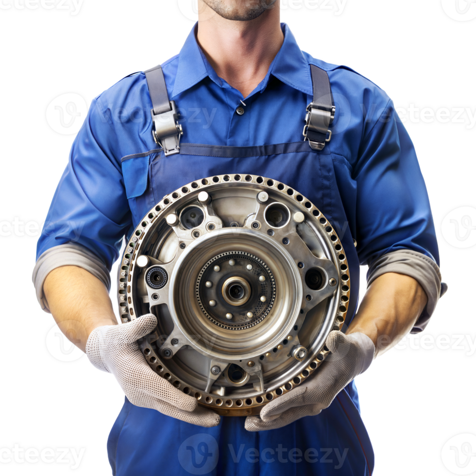A man in a blue shirt and blue apron holding a large gear png