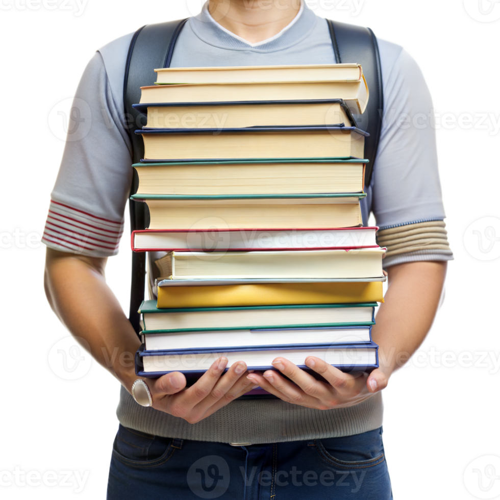 A person is holding a stack of books in their arms png