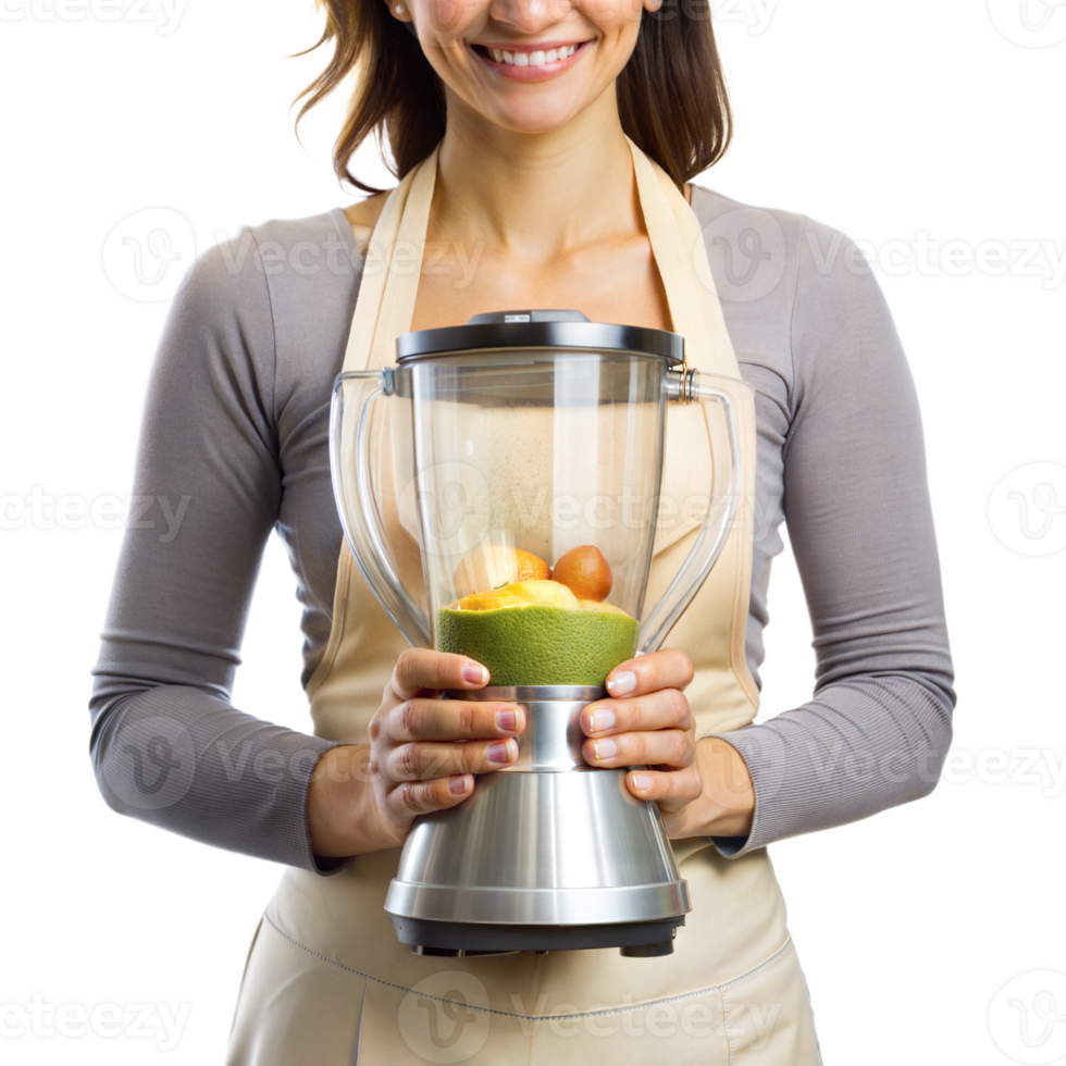 A woman is holding a blender with a green smoothie inside png