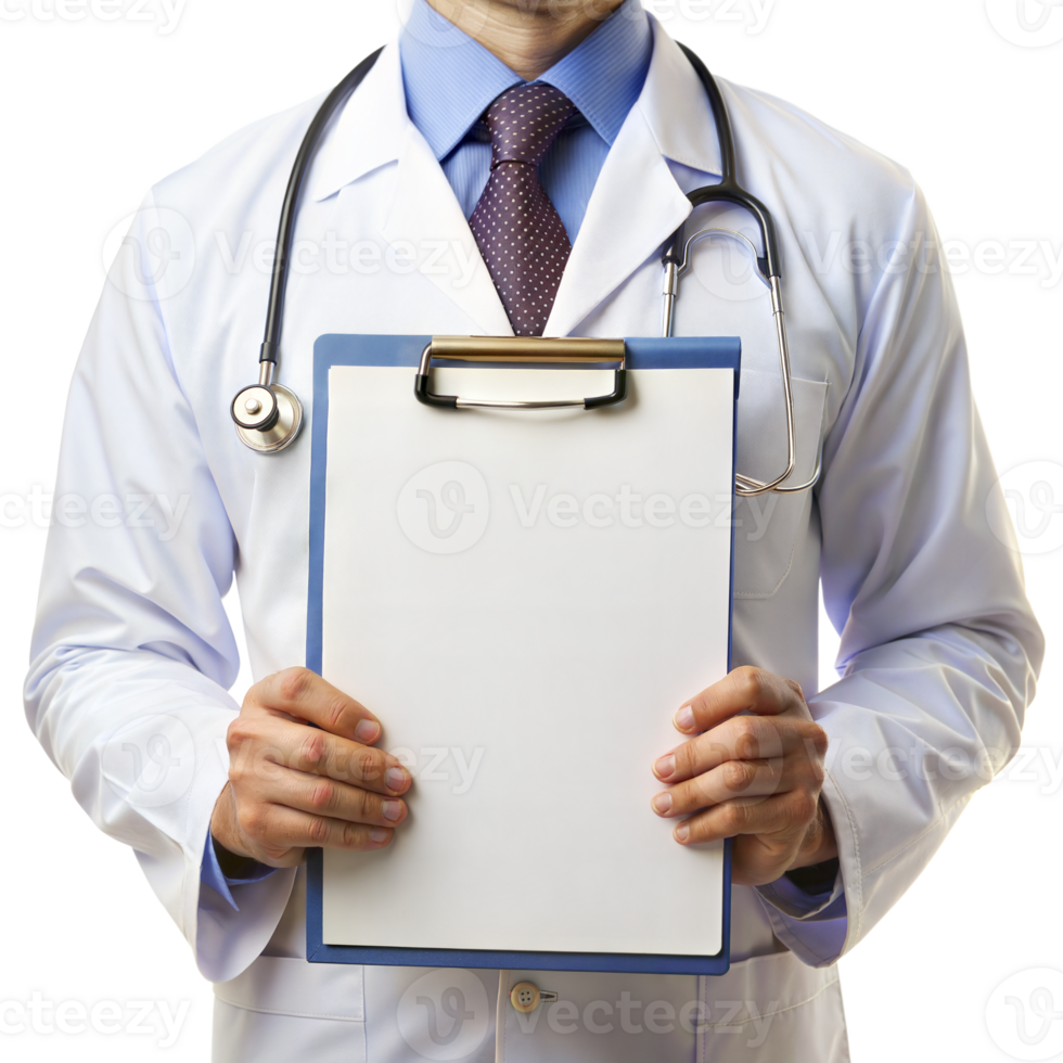 A man in a white lab coat holding a clipboard with a white page png