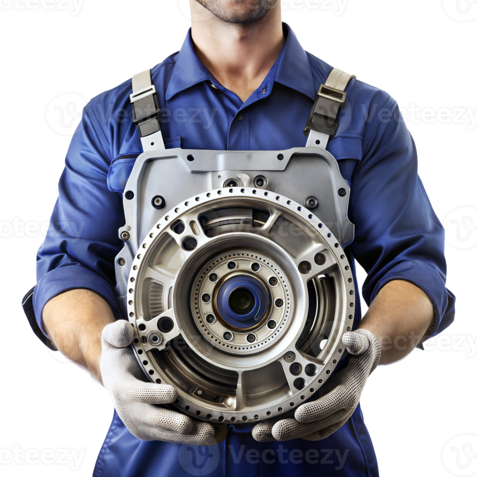 A man is holding a car engine in his hands png