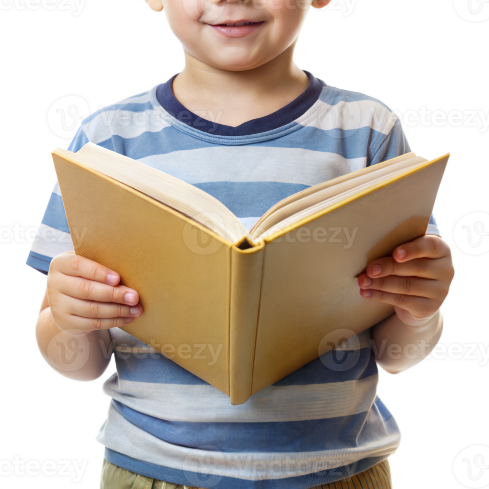 A young boy is holding a book open to a page with a smile on his face png