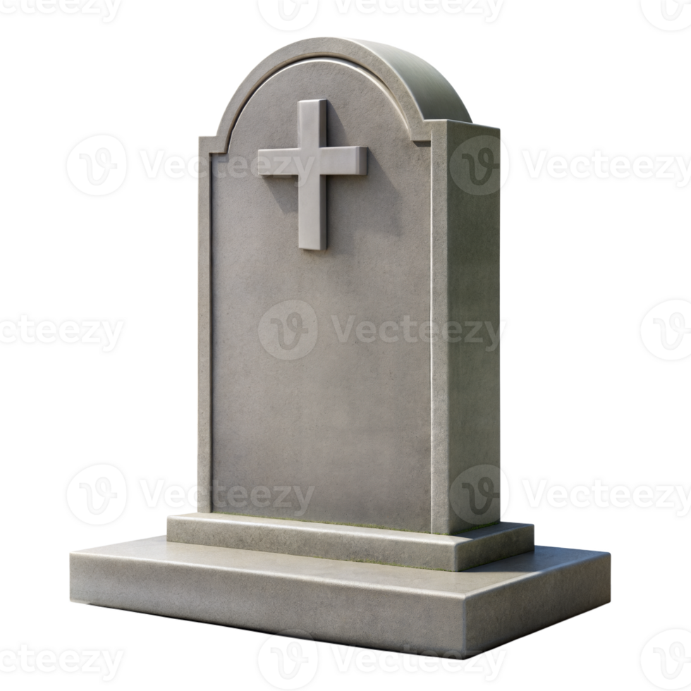 A simple, grey granite gravestone with a cross symbol, isolated on a transparent background png